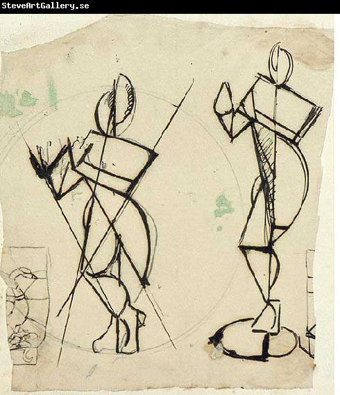 Theo van Doesburg Two sketches of Krishna playing a flute, seen from the front.